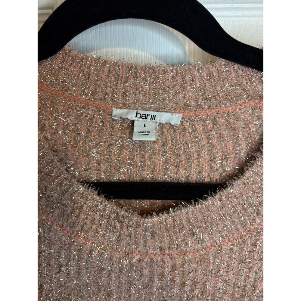 bar 3 Metallic Fuzzy Sweater Women’s Size L Shimmer Ribbed Long Sleeve Pullover